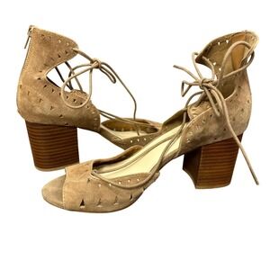 Nine West Jinxed Tan Suede Boho Lace-Up Block Heel Sandals Size 8